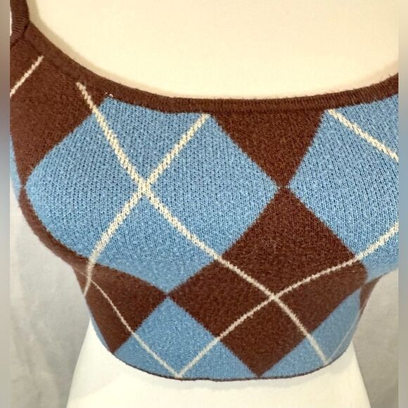 Kendall & Kylie blue and brown plaid crop sweater top size small - Picture 2 of 5